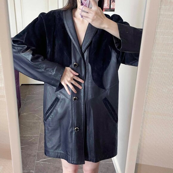 Vintage Black Leather Trench Coat: Oversized 80s/90s Patchwork Jacket (M-2XL) - Picture 3 of 9